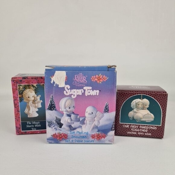 Precious Moments 603376 "Girl Making Snowman" Salt Shakers Vntg +2 Ornament - Picture 7 of 7